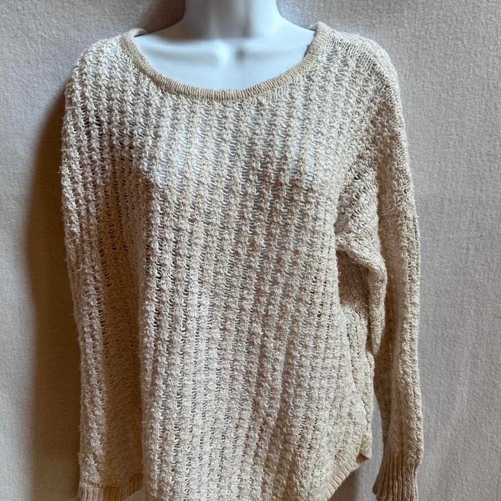 American Eagle Open Knit Slouchy Boatneck Sweater Cream Grey Melange Size Large